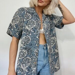 💫 Silk Pineapple Hawaiian Print button Down Oversized Shirt Top